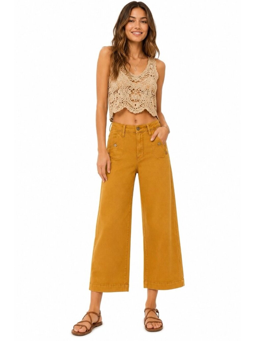 JUDY BLUE garment dyed gold wide leg jeans 9 29 cropped casual denim boho